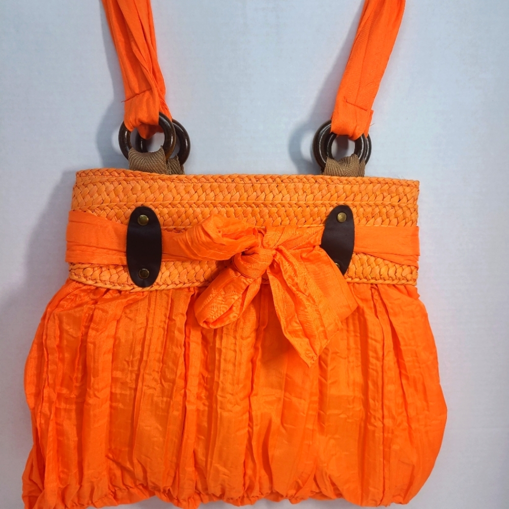 Over The Shoulder Lightweight Pocketbook, Fabric, Wood,Bow, Zipper, Plea…